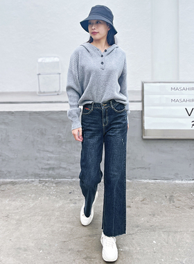 冬季加绒牛仔裤女韩国howluk高腰显瘦阔腿裤宽松大直筒长裤