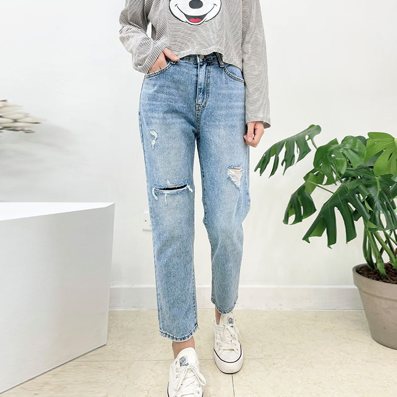 高腰显瘦破洞长裤牛仔裤