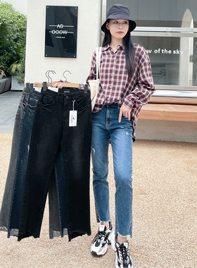 韩国howluk弹力修身磨破直筒牛仔裤女秋季新款显瘦百搭裤子