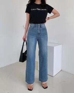 韩国howluk两粒扣高腰松紧腰弹力直筒牛仔裤女春季新显瘦长裤