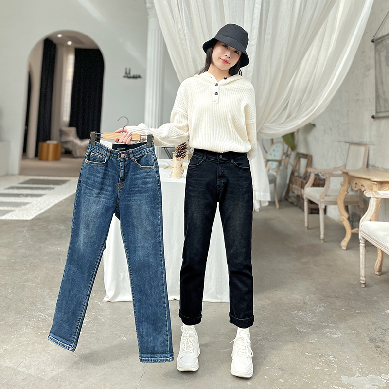 直筒长裤加绒锥形牛仔裤2022冬季