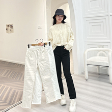 冬季新加绒黑色直筒牛仔裤女韩国howluk修身显瘦加厚休闲长裤