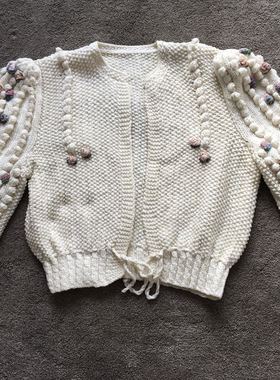 （sold）vintage孤品手工编织灯笼袖七彩绣球重磅毛衣外套