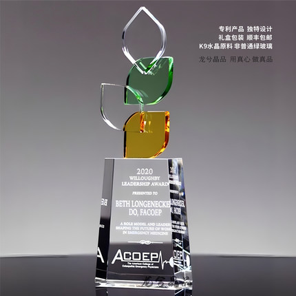 2025新款创意叶片优秀员工水晶奖杯定制定做团队奖荣休纪念送老师