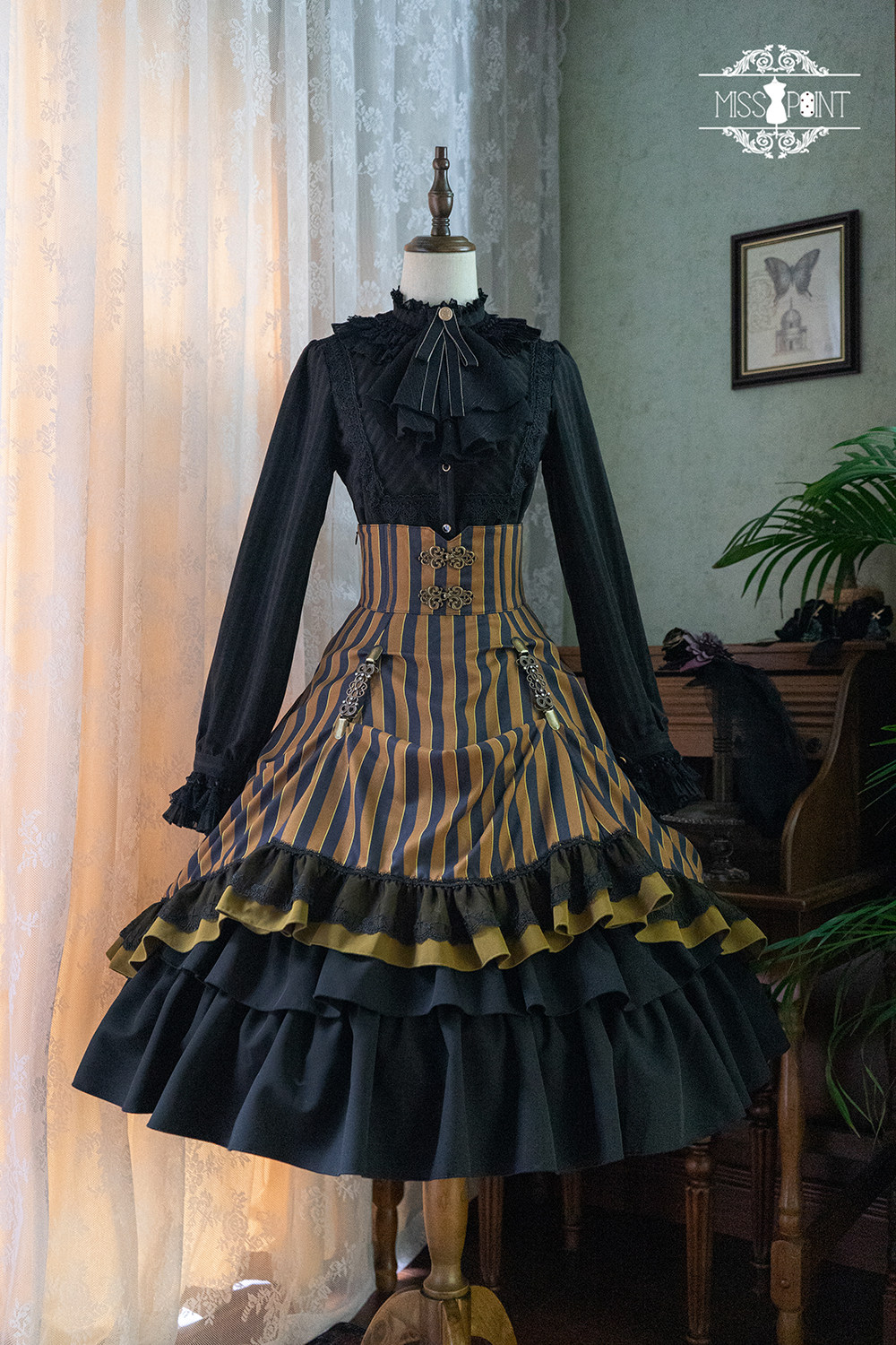 thumbnail for ●Original customization ●Poynter Manor Lolita Retro Elegant Striped High Waist Fishbone SK ●