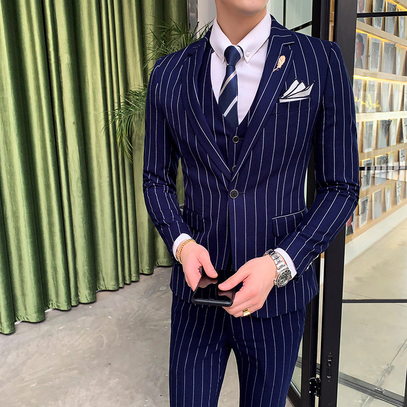 韩版青年商务修身条纹单排扣套装男新郎伴郎团礼服305A-XF20-265,男装西服套装,星座507-2（原305A）