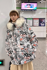 2022年宽松加厚涂鸦连帽毛领情侣棉衣男装外套305A/M2023/p135图片