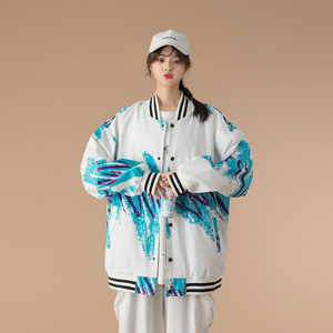 青春中性情侣棒球服外套拉链宽松潮流印花100%聚酯纤维-J图片