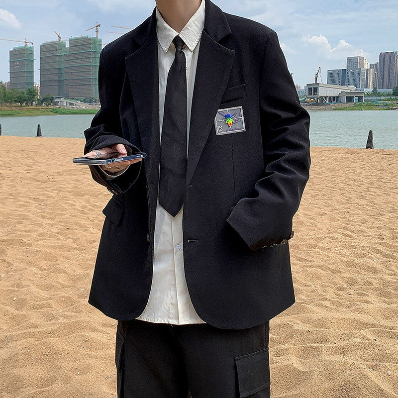 小西服中性风宽松贴标小西装休闲西服西装领纯色青年XF901/,男装西服,星座507-2（原305A）