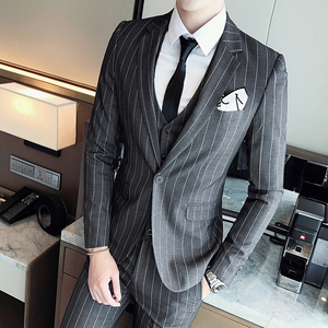 青年礼服单排扣绅士英伦潮流条纹西服套装三件套男韩XF20P265商务图片