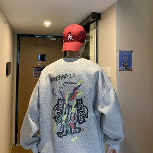 涂鸦印花加绒卫衣男士潮牌百搭ins宽松套头外套305A/W402P30街头图片