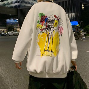 加绒涂鸦秋冬新款港风套头宽松卫衣男圆领印花上衣港风W403P30图片