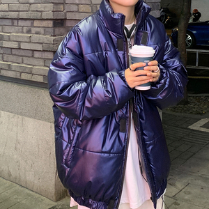 港风冬季宽松衣加厚面包服宽松大码立领黑色皮棉服M201