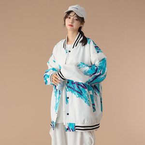 中性情侣 拼接刺绣夹克棒球服外套 潮流 100%聚酯纤维-J图片