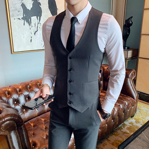 2020男V领灰色单排扣马甲休闲工作服酒吧服务生工作服大码马甲P55图片