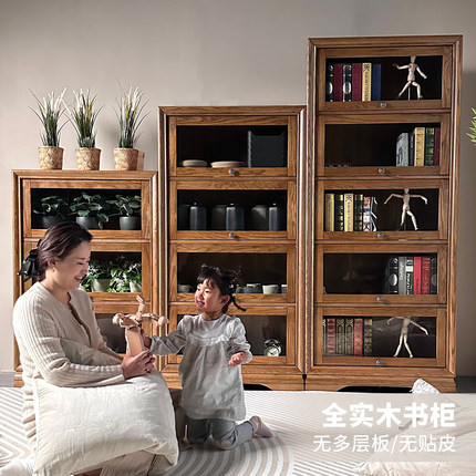 美式全实木书柜书架玻璃门带灯整墙落地奢侈品置物收藏柜复古简约
