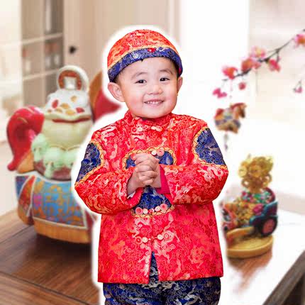 儿童唐装汉服男童宝宝喜庆中国风冬季童装套装抓周礼服拜年服