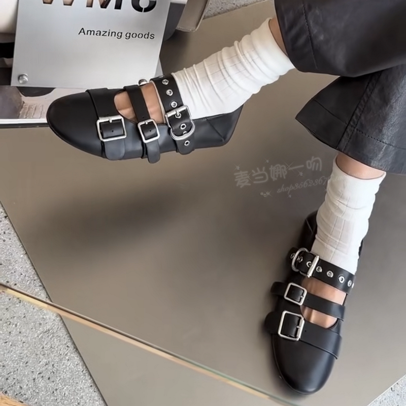 WM6欧洲站春新款2026真皮皮带扣朋克铆钉圆头内增高平底浅口皮鞋,女鞋,浅口单鞋,淘宝优惠券,粉丝福利购,淘宝优惠卷