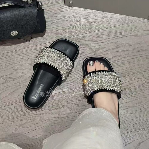 真皮丝绒满天星闪水钻一字拖鞋女