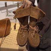 WM6欧洲站新款 磨砂牛皮编织游牧风旅拍流苏圆头内增高翻边女中靴