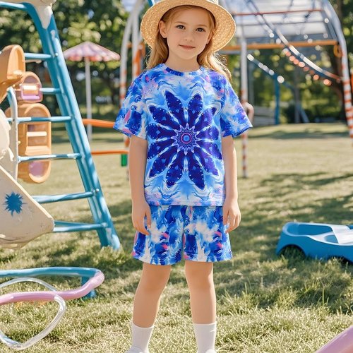 ins儿童女童夏季款扎染花朵设计图案印花短袖上衣短裤套装潮