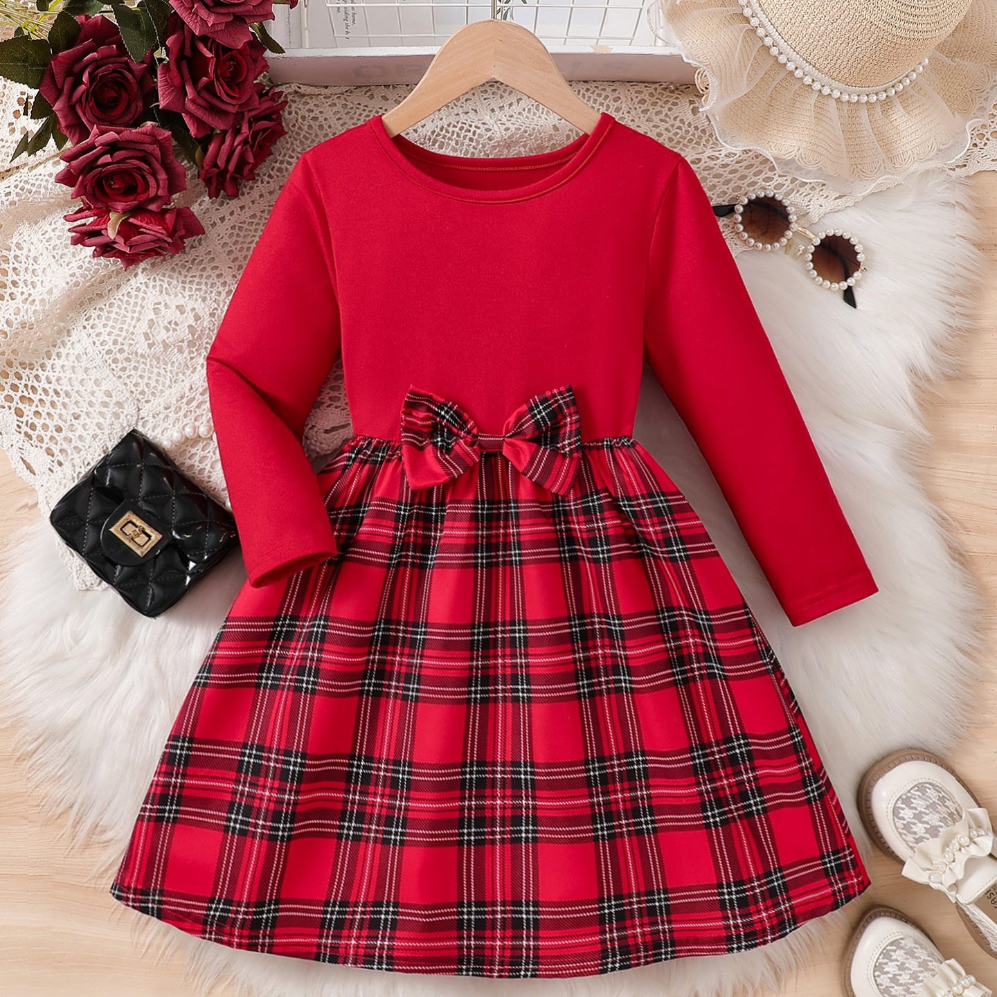 圣诞衣服儿童新款格子长袖蝴蝶结连衣裙女童中小童节日派对礼服裙