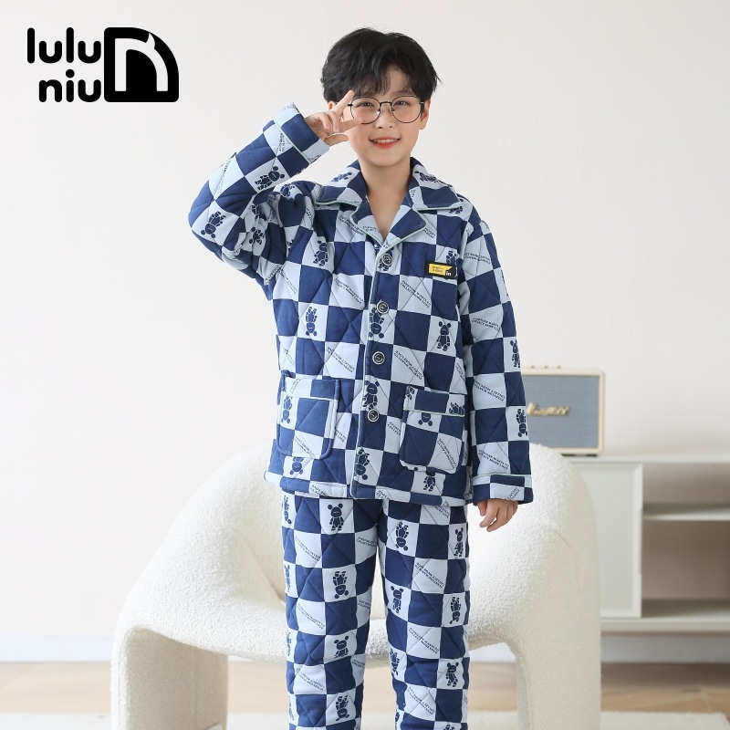噜噜牛冬季儿童睡衣男童纯棉夹棉三层加厚款秋冬男孩中大童家居服