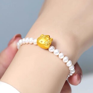 999足金包银招财猫转运珠手链送女友闺蜜同学手工编绳X生日礼物