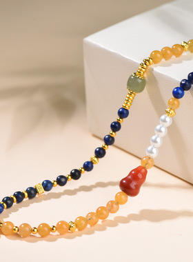 新中式青金石万能扣天然和田玉项链绳唐卡蜜蜡佛牌毛衣链复古风A