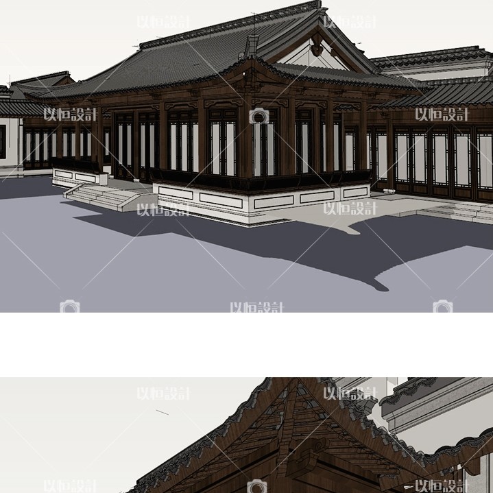 徽派新中式四合院别墅度假村会所客栈木结构建筑隔扇