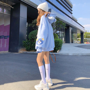 奶蓝色加绒卫衣女冬2023年新款宽松毛巾绣小熊慵懒风连帽加厚上衣