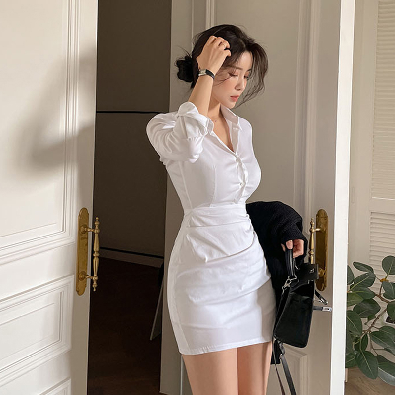  2021韩国东大门女装新款气质极简白色衬衫裙修身长袖连衣裙女