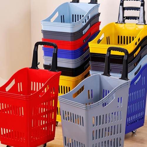 商场超市篮大号塑料拉杆带轮拖篮购物筐便利店零食买菜篮子小推车