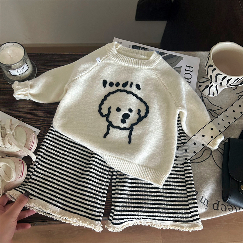 韩版童装2024新款秋季女童卡通小狗针织毛衣条纹毛边休闲裤两件套