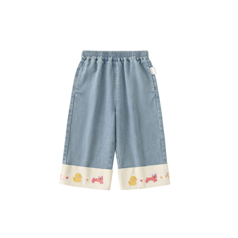 童装女童洋气撞色翻边牛仔裤2025