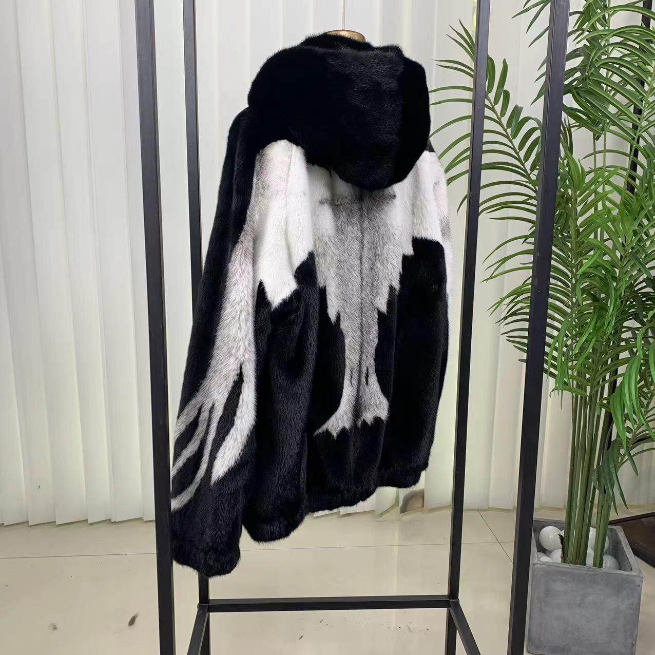 进口十字貂男款插肩老鹰花貂皮大衣外套黑色貂年轻款拉链帽子男士