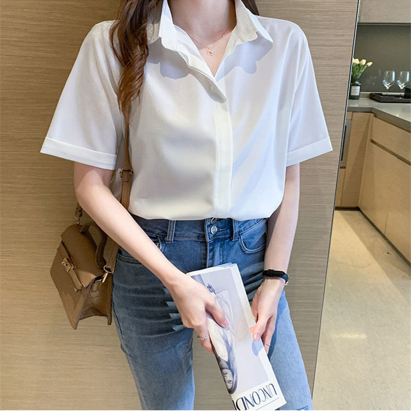 白色短袖衬衫女夏季薄款2025新款职业工作服休闲百搭无扣雪纺上衣