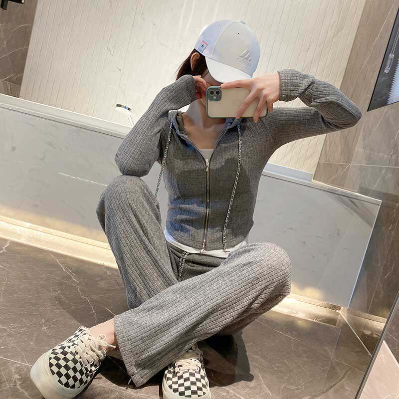 网红炸街灰色连帽拉链针织卫衣+高腰阔腿裤休闲运动套装女两件套