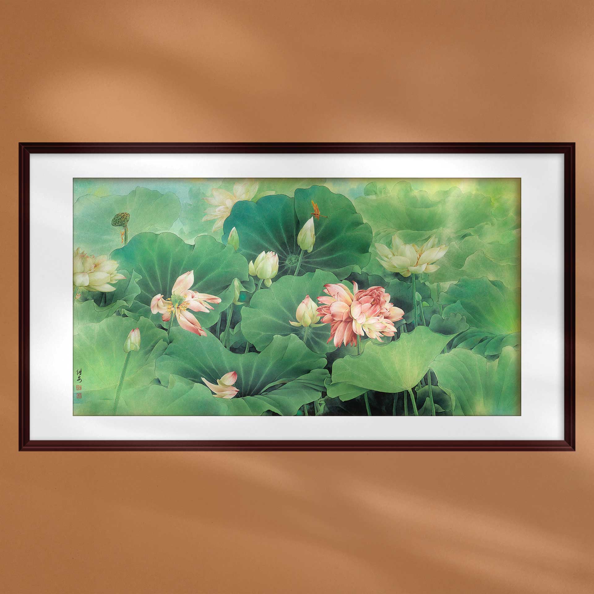 中国画邹传安荷花工笔花卉装饰画新中式客厅背景墙挂画绢丝布定制图片