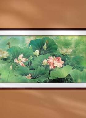 中国画邹传安荷花工笔花卉装饰画新中式客厅背景墙挂画绢丝布定制