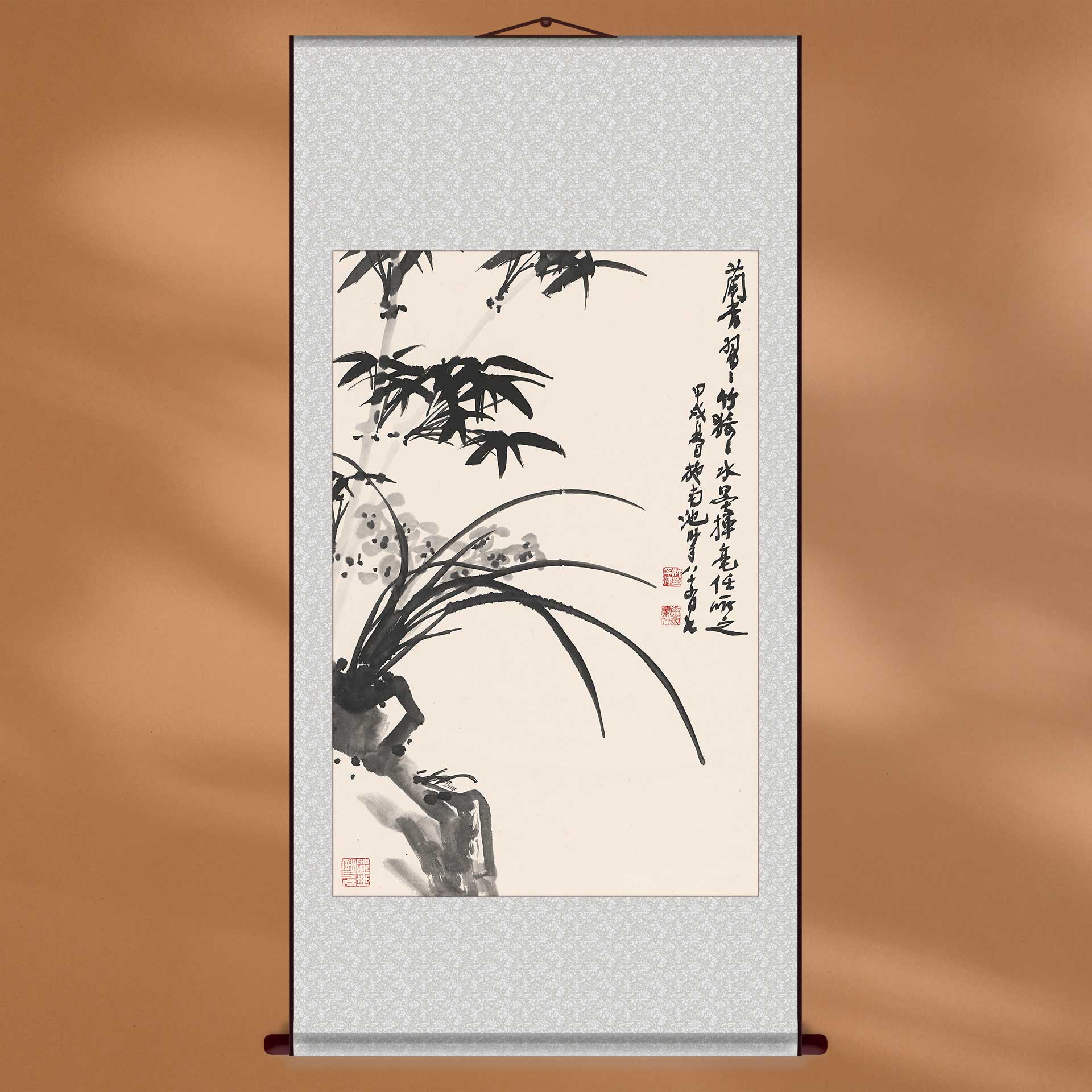 国画兰花墨竹花卉新中式装饰画宣纸定制挂轴画框饭店包厢软装配画图片