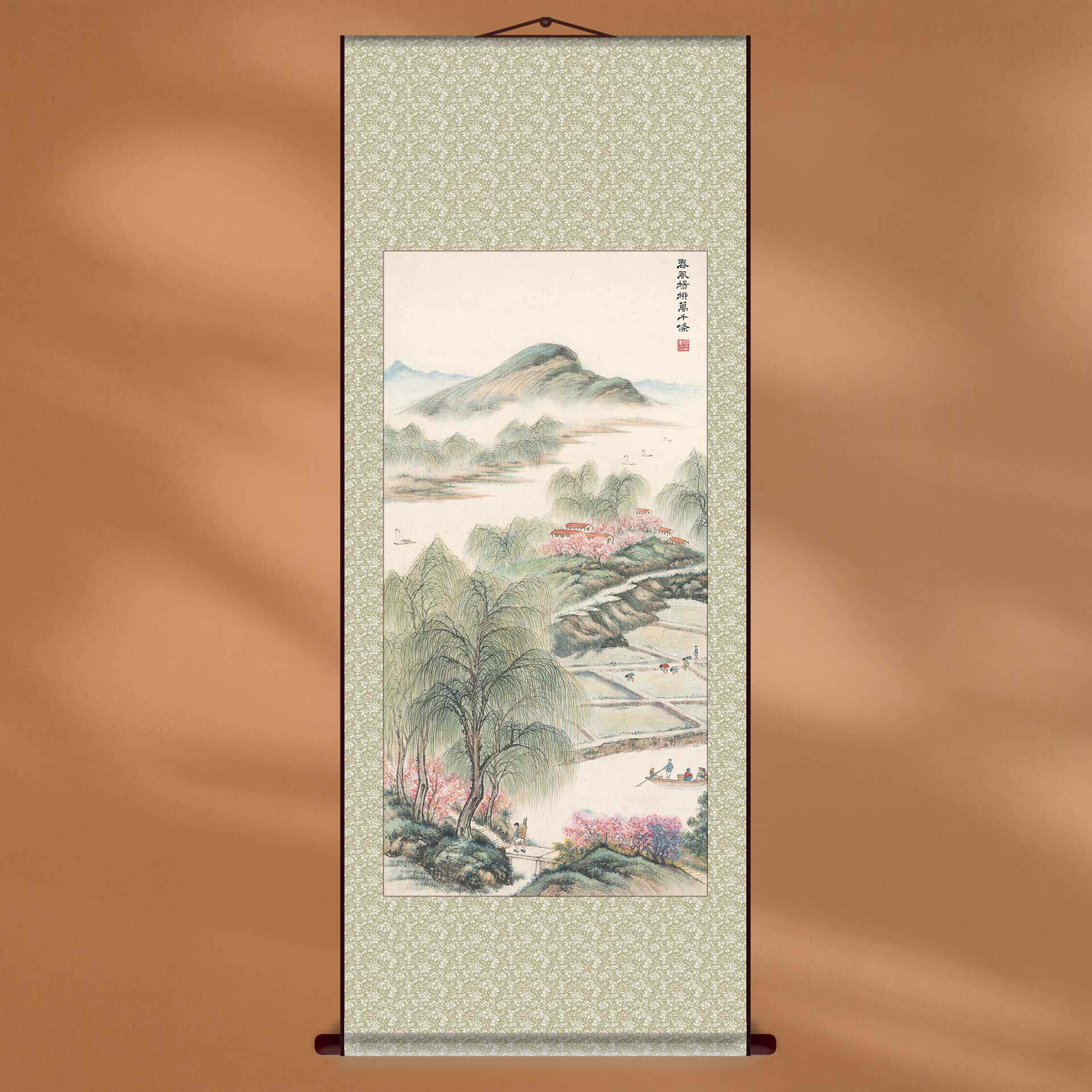 装饰画傅抱石水墨画春天柳树田园新中式国画名家作品复制画轴定制