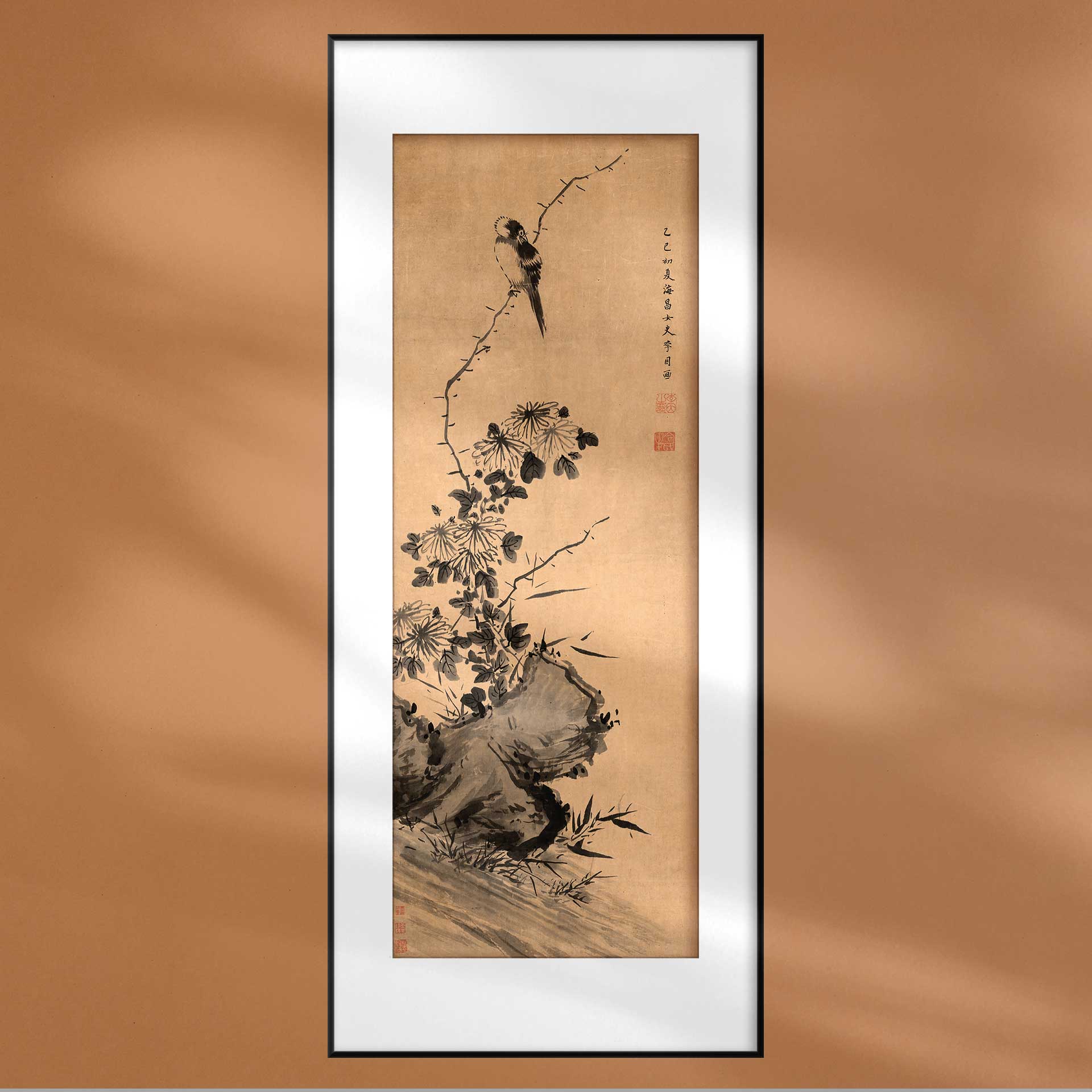 古典中国画菊石鸣禽图花鸟复古装饰画客厅卧室屏风背景绢丝布画芯