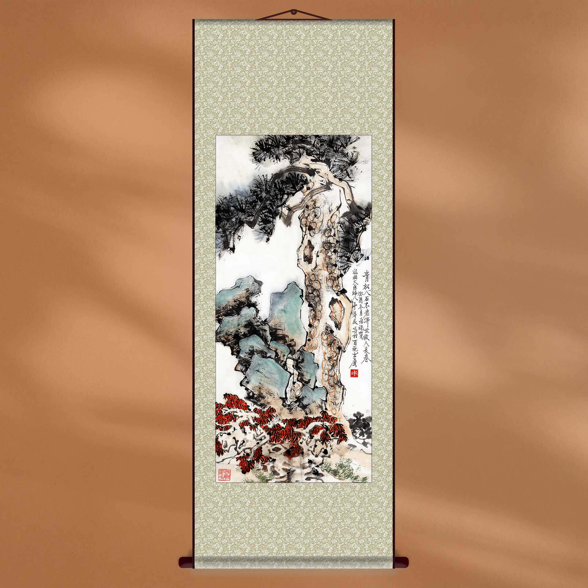 中国画董伯松石祝寿图新中式装饰画宣纸画芯打印定制装裱画轴画框