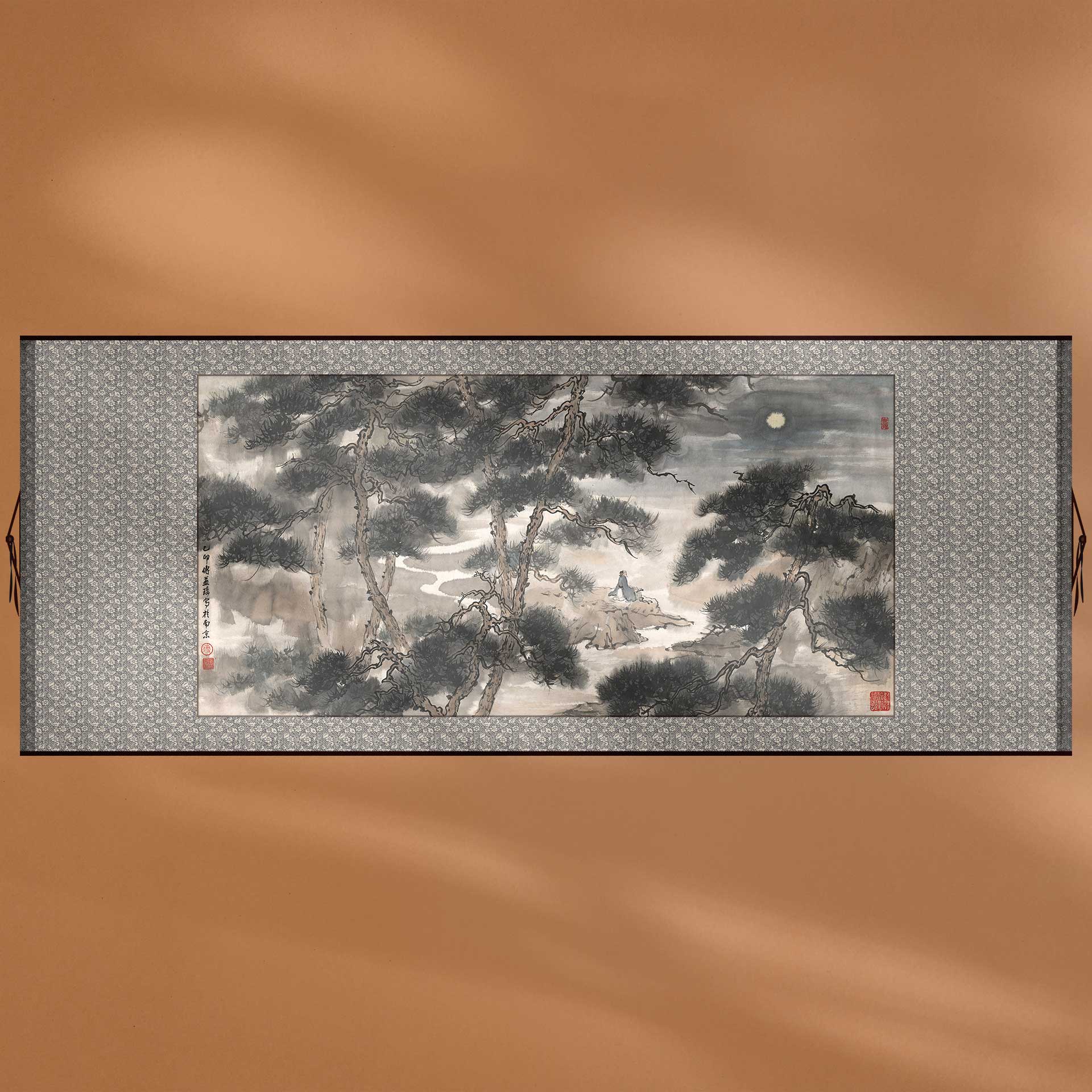中国画老翁松树客厅书房装饰画水墨山水风景中式画框定制画轴装裱图片