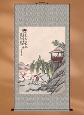 装饰画丰子恺双马图轴水墨画轴新中式国画定制铝合金画框宣纸印制