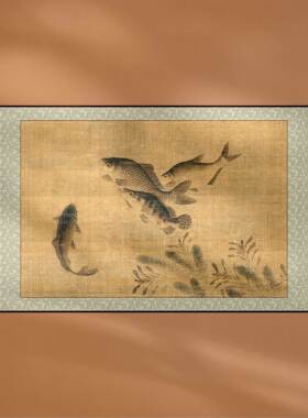 复古中国画鱼藻图书房客厅水族图装饰画定制画框画轴宣纸画芯打印