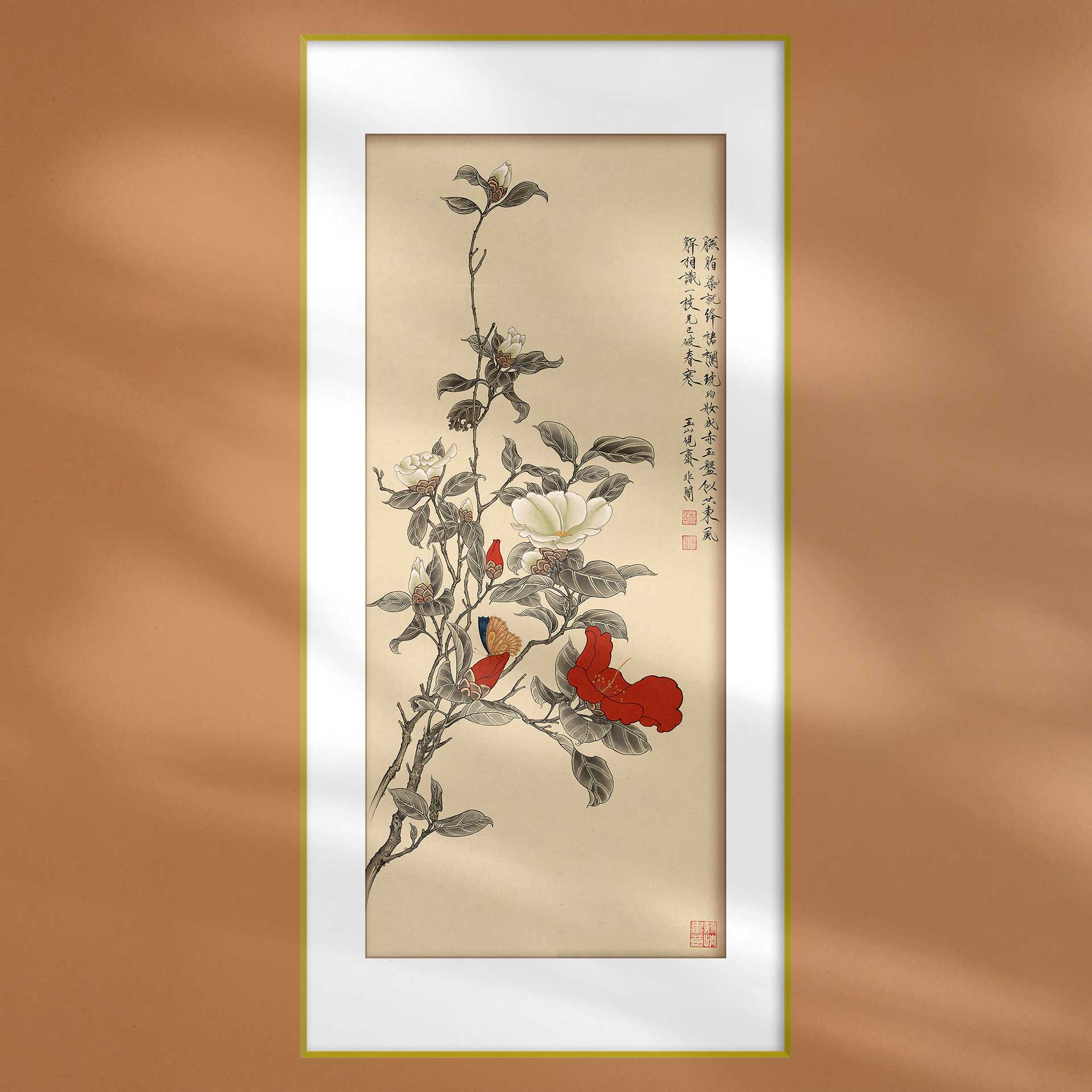 中国画红白茶花工笔花卉中式装饰画宣纸画芯打印定制饭店软装配画图片