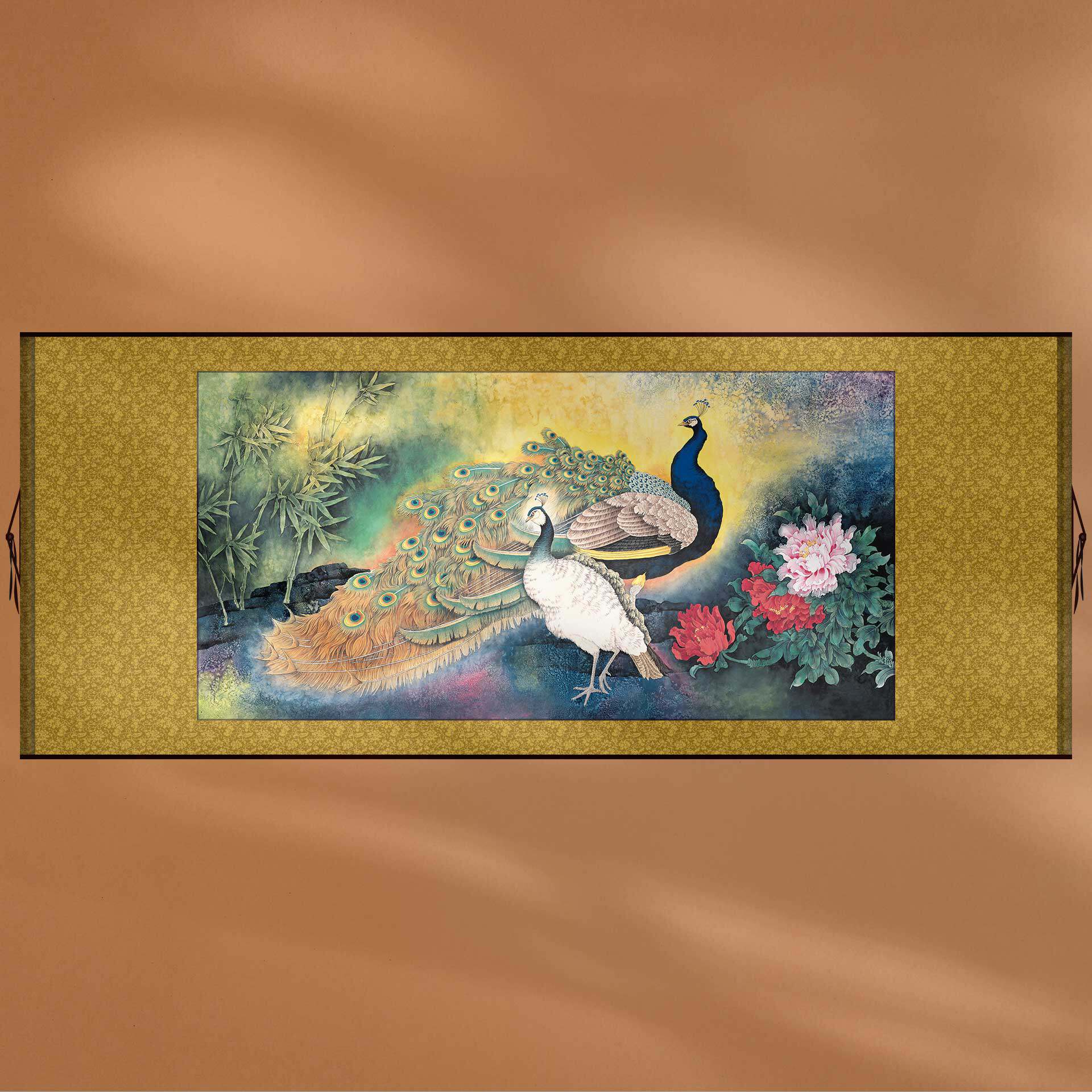 中国画富贵牡丹孔雀工笔重彩装饰画新中式客厅背景墙挂画定制画框