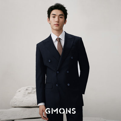 吉约蒙双排扣西服男士套装蓝色高级商务正装结婚新郎礼服西装外套